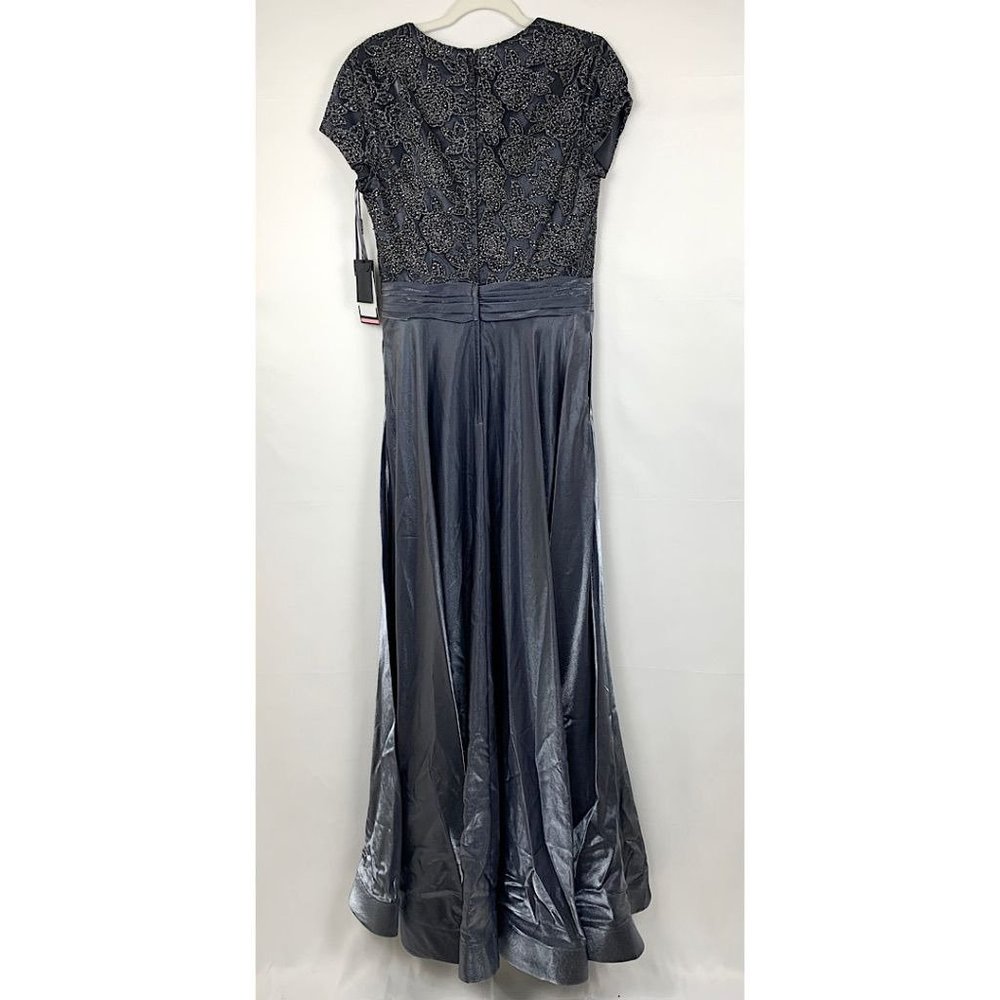 NWT La Femme 26447 Two Tone Satin A-Line V-Neck Gown Platinum Silver Gray - Picture 8 of 10